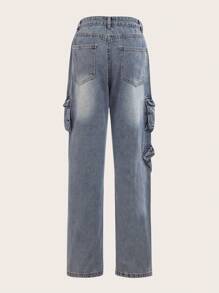 ROMWE Grunge Punk Flap Pocket Cargo Jeans - Medium Wash - View 2