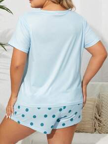 Plus Cartoon & Letter Graphic Tee & Bow Front Shorts PJ Set - Baby Blue - View 2