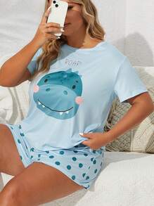 Plus Cartoon & Letter Graphic Tee & Bow Front Shorts PJ Set - Baby Blue - View 3
