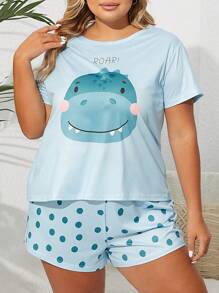 Plus Cartoon & Letter Graphic Tee & Bow Front Shorts PJ Set - Baby Blue - View 4