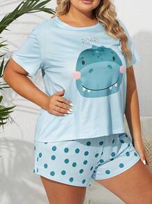 Plus Cartoon & Letter Graphic Tee & Bow Front Shorts PJ Set - Baby Blue - View 6