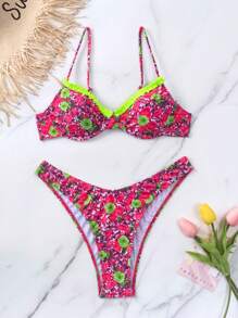 花卉印花荷葉邊下擺鋼圈比基尼套裝 - 玫紅色 - 查看 3