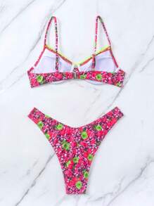 花卉印花荷葉邊下擺鋼圈比基尼套裝 - 玫紅色 - 查看 4