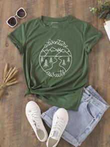 SHEIN LUNE Áo thun nữ Lá thư Giải trí - xanh quân đội - Xem 1