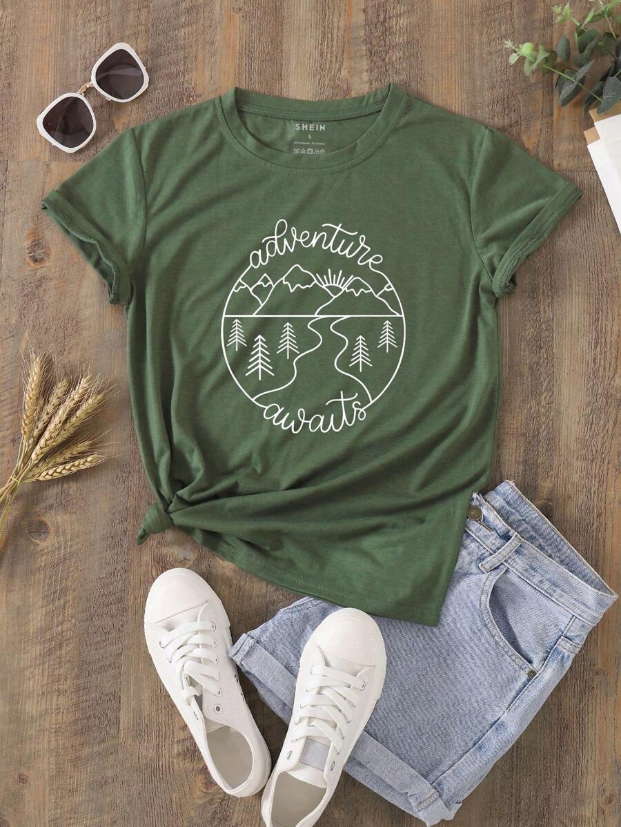 SHEIN LUNE Áo thun nữ Lá thư Giải trí - xanh quân đội - Xem 1