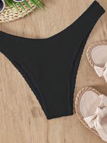 SHEIN Swim Summer Beach Plain Ribbed Knit Bikini Bottom - Black - View 4