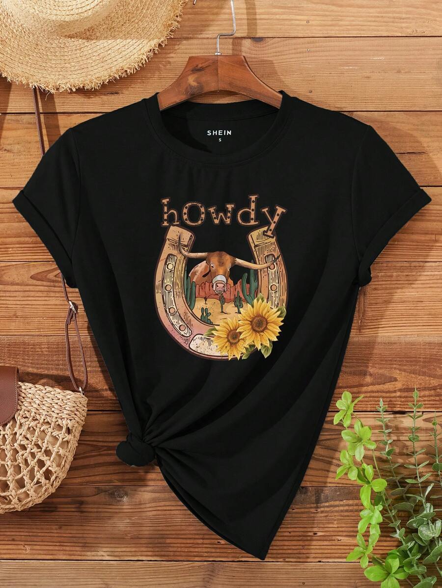 SHEIN LUNE Floral And Letter Graphic Tee