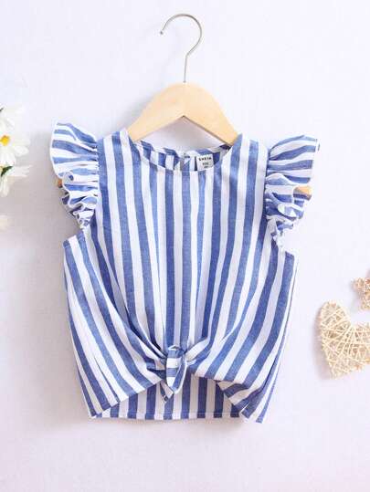 SHEIN Young Girl Striped Ruffle Trim Knot Hem Blouse