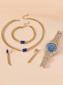 1 Nam Nữ Vàng Dây Đeo Hợp Kim Kẽm Quyến Rũ Đá Trang Trí Mặt Tròn Đồng Hồ Thạch Anh & 4 Bộ Trang Sức, cho Cuộc Sống Hàng Ngày - Màu xanh lam - Xem 2