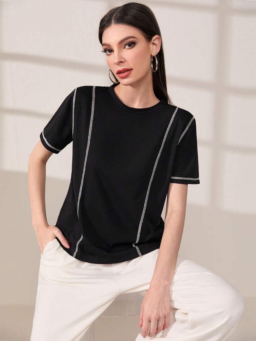 Mulvari Áo thun nữ Tương phản ràng buộc màu trơn Giải trí - màu đen - Xem 1