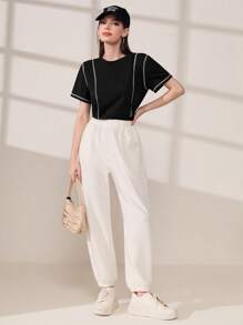 Mulvari Áo thun nữ Tương phản ràng buộc màu trơn Giải trí - màu đen - Xem 3