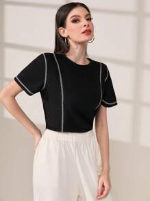 Mulvari Áo thun nữ Tương phản ràng buộc màu trơn Giải trí - màu đen - Xem 4