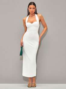 SHEIN BAE Solid Backless Halter Neck Backless Bodycon Dress - White - View 1