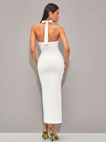 SHEIN BAE Solid Backless Halter Neck Backless Bodycon Dress - White - View 2