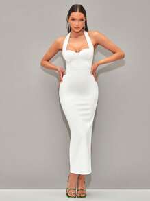 SHEIN BAE Solid Backless Halter Neck Backless Bodycon Dress - White - View 5