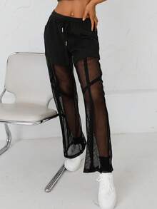 SHEIN 腰部抽繩網紗闊腿褲 - 黑色 - 查看 5