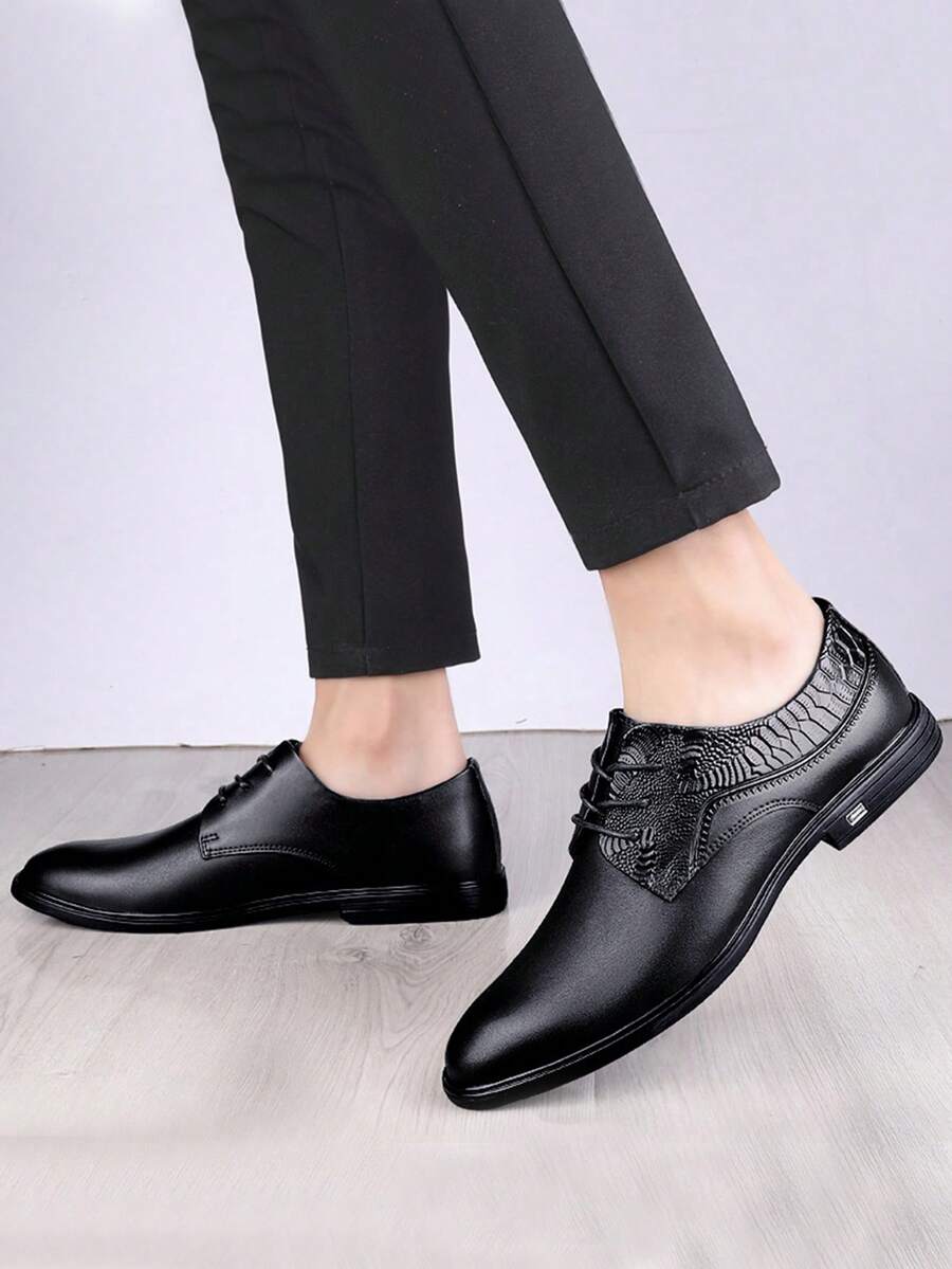 男士鱷魚壓紋前綁帶工作黑色牛津鞋