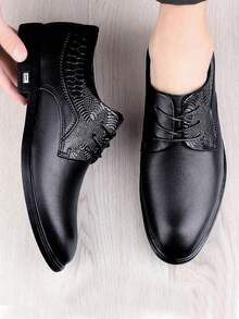 男士鱷魚壓紋前綁帶工作黑色牛津鞋