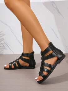 女性鏤空後拉鏈羅馬度假夏天平底涼鞋 - 黑色 - 查看 5