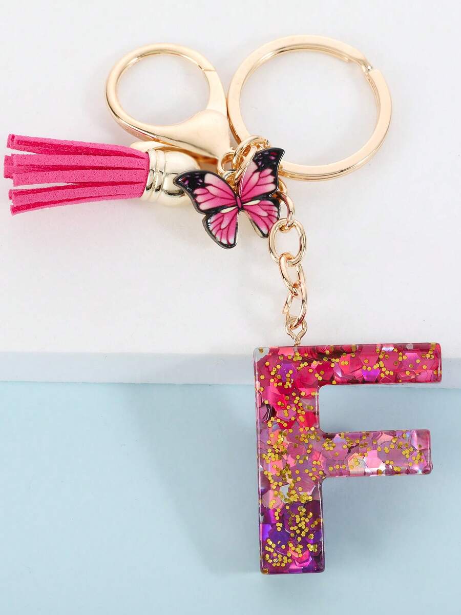 1入組女性字母和流蘇墜飾時尚鑰匙圈適用於鑰匙裝飾用品 - 彩色 - 查看 1