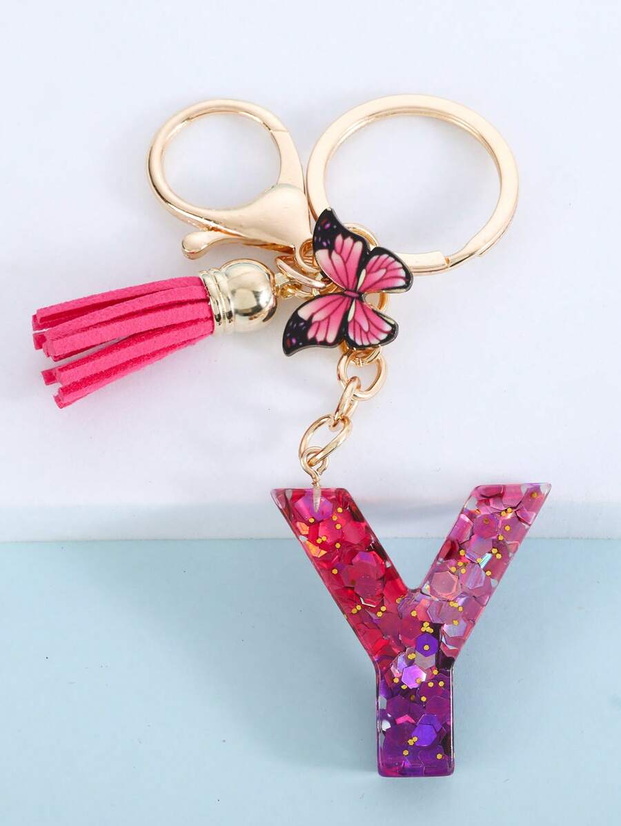 1入組女性字母和流蘇墜飾時尚鑰匙圈適用於鑰匙裝飾用品 - 彩色 - 查看 1