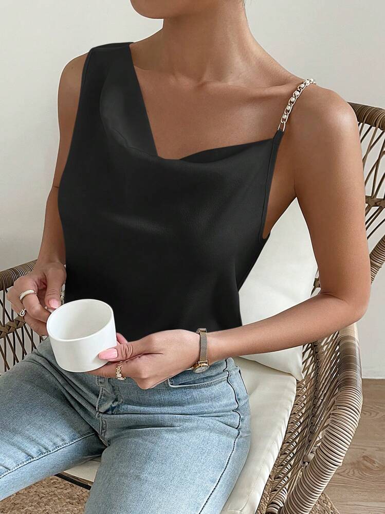 Chiquease Blusa con detalle de cadena sólida, cuello asimétrico y parte superior de un solo hombro - Negro - Añade 1