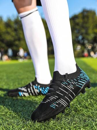 Men Striped Pattern Soccer Shoes, Artificial Leather Lace-up Front Sneakers