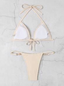 Bañador bikini triángulo halter aplique floral con encaje - Albaricoque - Ver 3