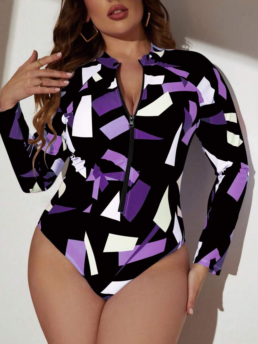 Swim SPRTY Summer Beach Plus Geo Print Zipper Front High Neck One Piece Swimsuit - Purple - View 1