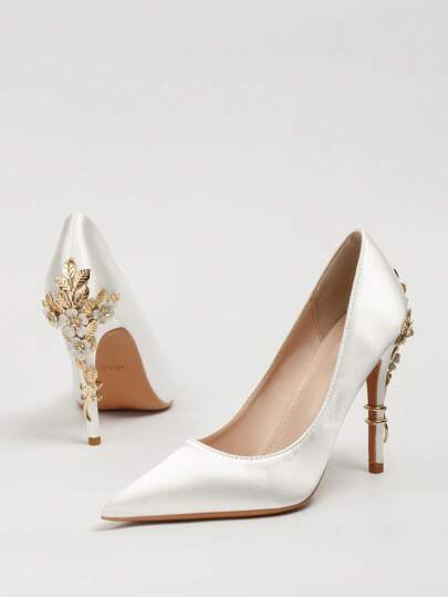 Fall/Winter Women Metal Floral Decor Court Pumps, Lycra Point Toe Stiletto Heeled Elegant Pumps White,Elegant,Party