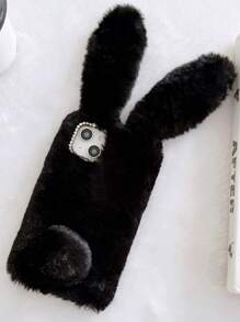 Apple Cute Phone Case Rabbit Ear Decor Plush PC Phone Case Kawaii Waterproof Shockproof Anti-Fall Scratch Resistant - Black - View 4