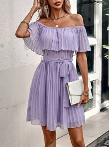 SHEIN Clasi Đầm Thắt lưng Xếp li Xù màu trơn Boho - Màu tím hoa cà - Xem 1