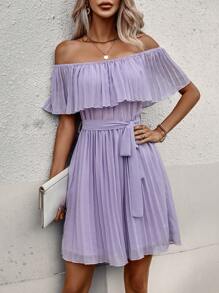 SHEIN Clasi Đầm Thắt lưng Xếp li Xù màu trơn Boho - Màu tím hoa cà - Xem 3