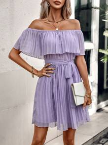 SHEIN Clasi Đầm Thắt lưng Xếp li Xù màu trơn Boho - Màu tím hoa cà - Xem 4