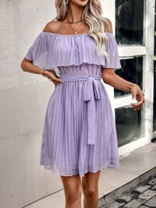 SHEIN Clasi Đầm Thắt lưng Xếp li Xù màu trơn Boho - Màu tím hoa cà - Xem 5