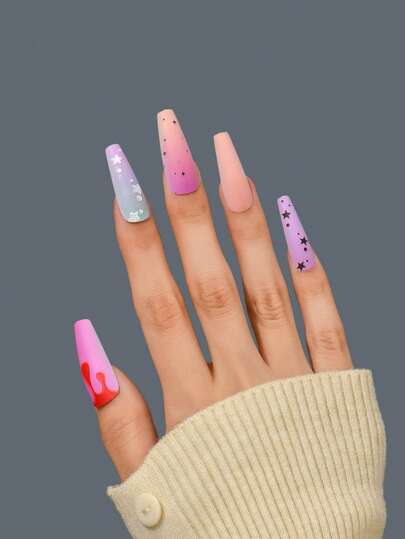 Get Glamorous with 24pcs Extra Long Coffin Star Print Fake Nail & 1sheet Tape & 1pc Nail File