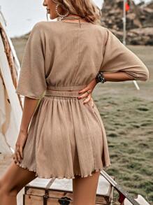 Breezaya 交疊領蝙蝠袖短款上衣和木耳邊前打結半身裙 - 卡其色 - 查看 2