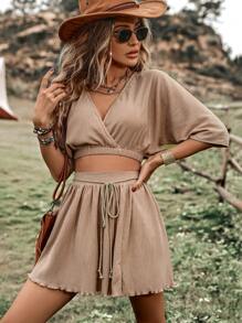 Breezaya 交疊領蝙蝠袖短款上衣和木耳邊前打結半身裙 - 卡其色 - 查看 4