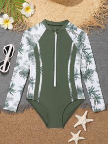 Cô gái Tween Bản in nhiệt đới Dây kéo mặt trước Đồ bơi một mảnh - xanh quân đội - Xem 1