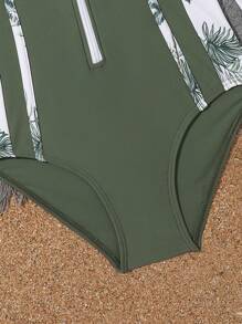 Cô gái Tween Bản in nhiệt đới Dây kéo mặt trước Đồ bơi một mảnh - xanh quân đội - Xem 3