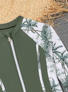 Cô gái Tween Bản in nhiệt đới Dây kéo mặt trước Đồ bơi một mảnh - xanh quân đội - Xem 5