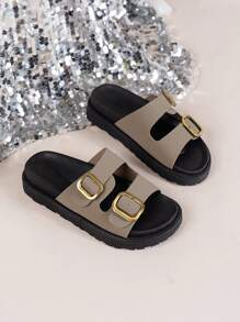 Women Buckle Decor Footbed Sandals, Flatform Fashion Sandals - Dark Grey - View 6