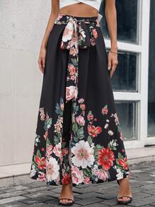 Breezaya 印花前繫帶闊腿褲 - 黑色 - 查看 1