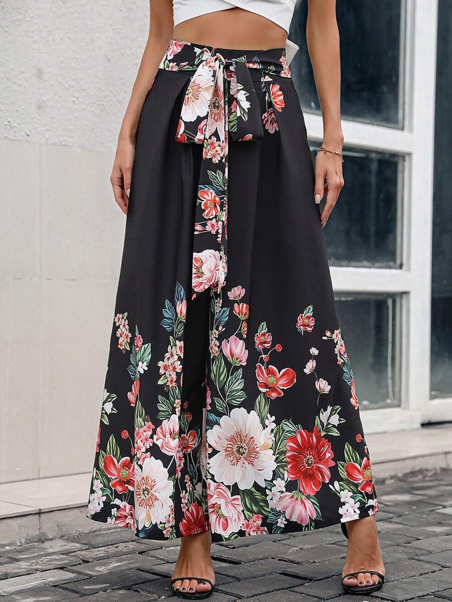 Breezaya 印花前繫帶闊腿褲 - 黑色 - 查看 1