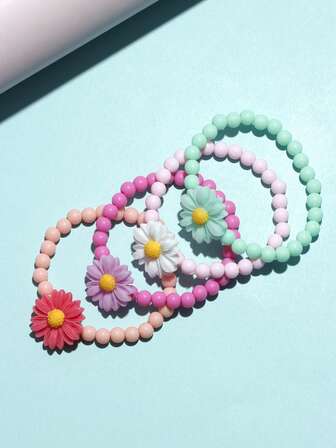 4入組女孩花朵裝飾可愛串珠手鏈日常裝飾