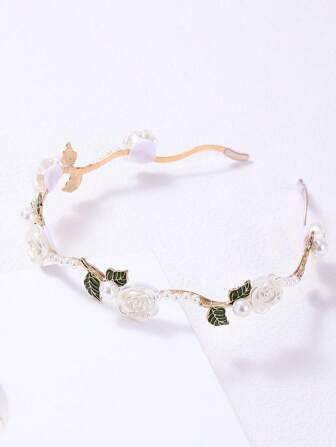 1入組女性珍珠和花朵裝飾優雅髮箍適合派對