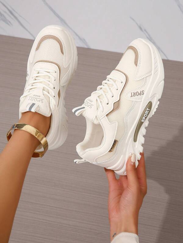 Fall/Winter Women Letter Graphic Lace-Up Front Chunky Sneakers, Sporty Sneakers
