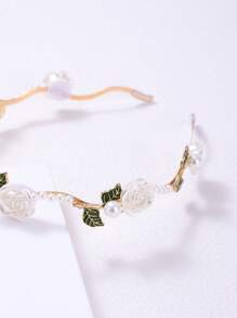 1入組女性珍珠和花朵裝飾優雅髮箍適合派對 - 白色 - 查看 4