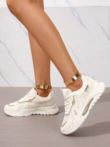 Fall/Winter Women Letter Graphic Lace-Up Front Chunky Sneakers, Sporty Sneakers - Beige - View 2