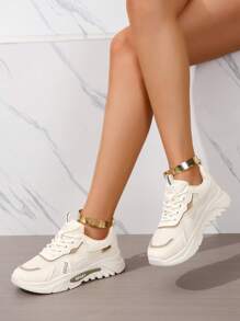 Fall/Winter Women Letter Graphic Lace-Up Front Chunky Sneakers, Sporty Sneakers - Beige - View 4
